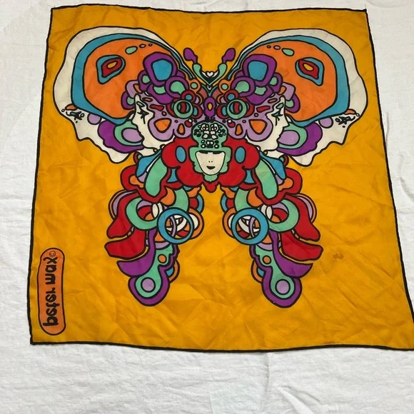 Peter Max Scarf Vintage 1970s Butterfly Psychedelic Vivid Color Gold Silk? - Picture 10 of 15